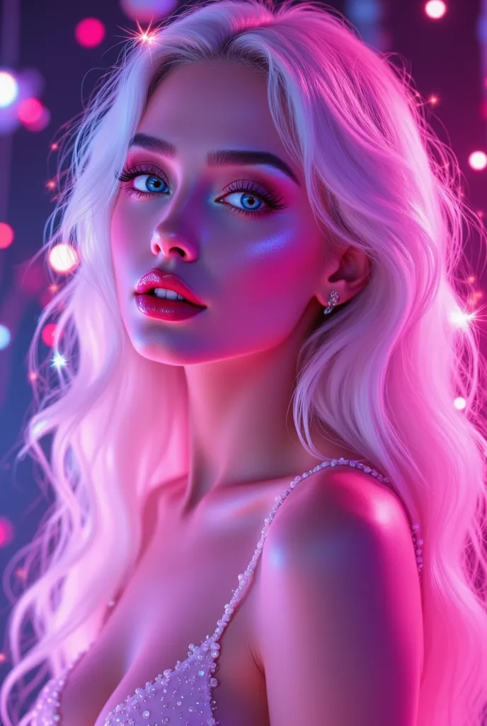 pinkfluxproultrafantasia, ((masterpiece, best quality)), a beautiful portrait of a ultra detailed, absolutely resolution, masterpiece. 
cool beauty, seductive and excited lewd look, seduction, white glossy silky flowing high layered hair, hair, red lips. 
...