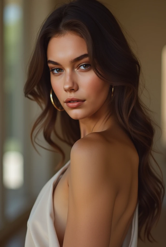 Stunning model exuding confidence and elegance. She wears a chic, modern outfit that highlights her beauty, with perfectly styled hair and flawless makeup. The scene captures a mix of luxury, charm, and effortless sensuality