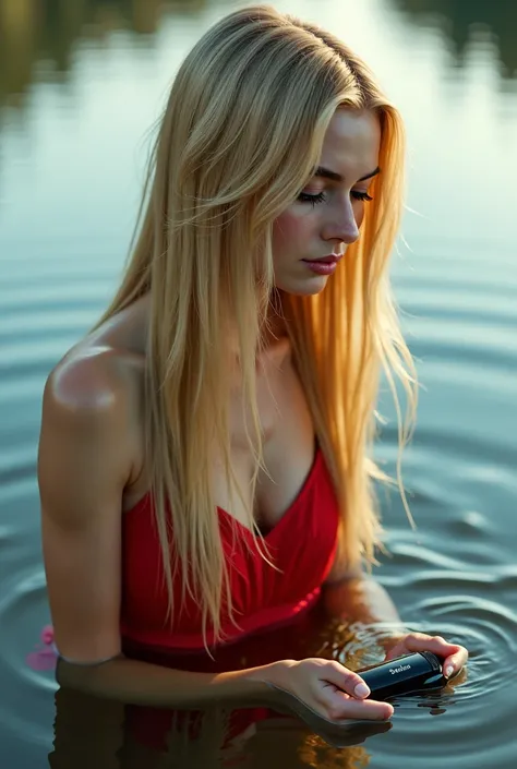 Extremely long natural straight blonde haired young attractive woman leaning down standing in a lake in a red dress. She is shaving off her hair with a clipper. The cut hair is on the water.