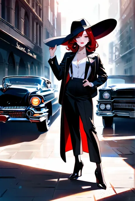 masterpiece, white skin, red lips, Light Eyes , Eyeshadow, The front shot is of a beautiful red-haired woman with medium curls standing in the street，She holds Thompson Drum M1928A1 in her hands, behind her is a 1928 Cadillac Town sedan，green, She wears a ...