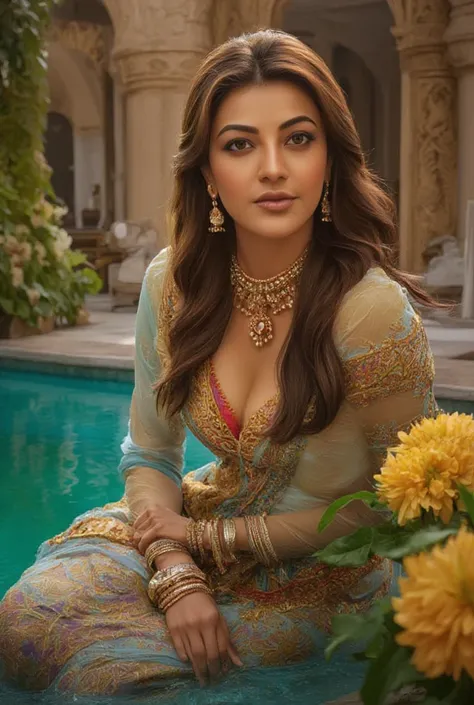 Kajal Agarwal depicted as a traditional Indian princess with an alluring silhouette, adorned in an intricate traditional attire embellished with vibrant patterns and rich fabrics. She wears an array of ornate gold jewelry that catches the light, accentuati...