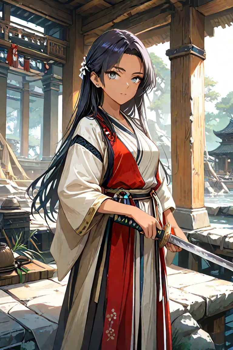  Anime Woman, tanned skin,  burgundy hair , gray eyes, wearing an orange battle costume,  detailed art, 2D, archaic scenario, samurai, ancient japan