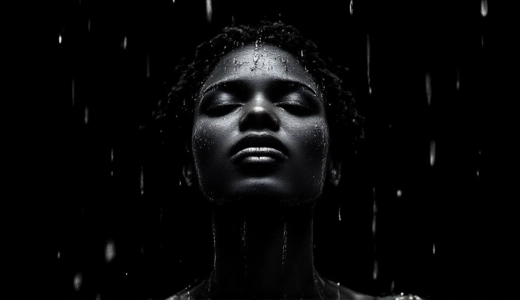 An image of a stunning beautiful black woman in monochrome with her head tilted back, her face and natural hair drenched with water droplets. Her eyes are closed, and there's a peaceful expression on her face. The natural hair is slicked back due to the we...