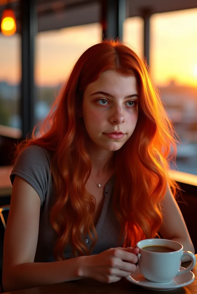 A woman with red hair longeand blue eyes, in a modern restaurant lights and drinking coffee , Natural and professional photo she is looking out the window with a beautiful sunset she doesn't have a big body, Are there and are short in height 