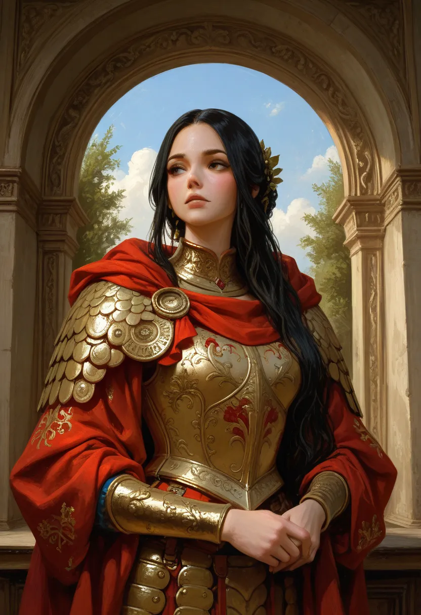 Beautiful tall woman in (bioarma:1.3) armor with super realistic and well-detailed black hair,oil style,Renaissance painting,Queen of Spain 