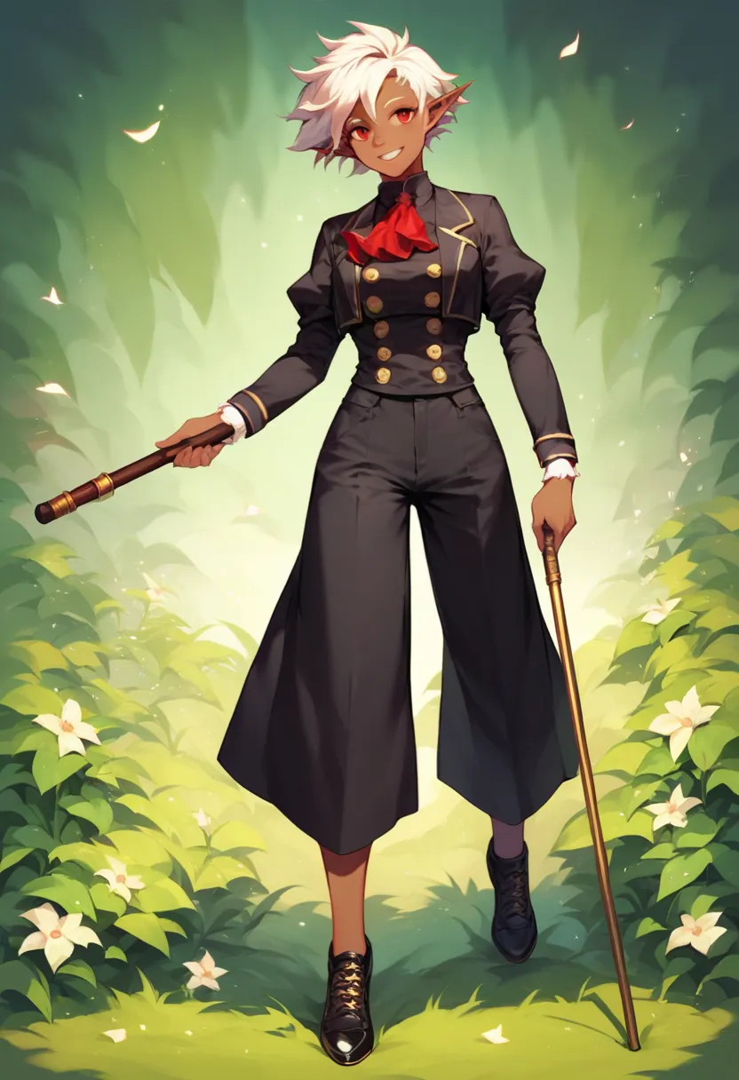 solo, female, dark elf, gray skin, red eyes, white hair, short hair, lush hair, smile, classic black suit with gold buttons, black trousers, black shoes, full body, art deco style hall, holds a cane, perfect fingers, perfect hands