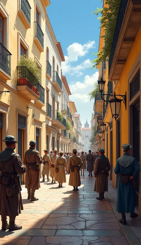 Illustration of Cádiz during the War of Independence, with Spanish citizens buying lottery tickets while soldiers patrol the streets. The environment reflects the struggle of wartime with a hopeful atmosphere around the lottery office." Art digital 