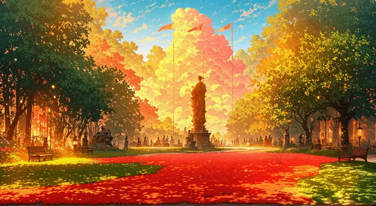 A stunning, sunlit park in a beautiful anime-style, inspired by Studio Ghibli’s dreamy and vibrant aesthetics. At the heart of the park stands a majestic bronze statue of a historical figure on an aged stone pedestal, flanked by two towering flagpoles—one ...