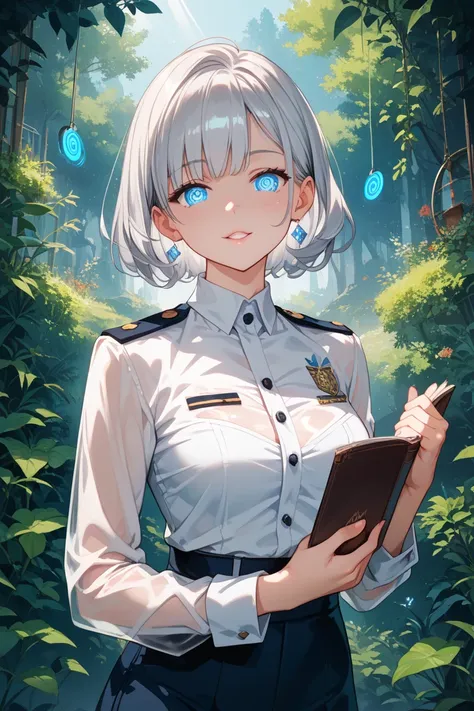  with short silver hair and blue eyes。
Dress code: uniform。
A beautiful J-cup girl with a relaxed vibe and a baby face 、transparent white skin。Hypnotized and in estrus