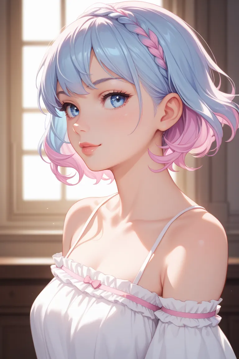 Anime flat design,Pretty girl with short hair, light blue hair with pink and purple, light blue eyes, long-sleeved white dress, off-shoulder, medium breasts, pose 