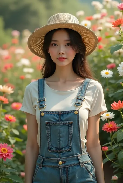 a beautiful asian woman, with a hat, wearing t shirt and jumpsuit denim in garden, full of flowers