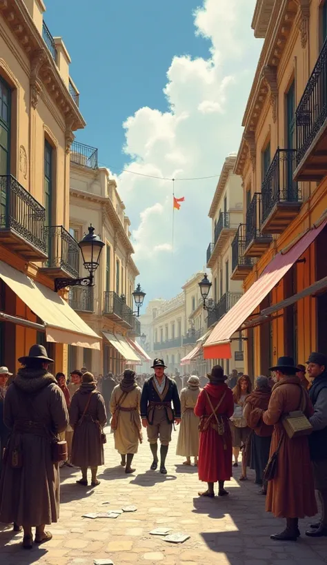 Illustration of Cádiz during the War of Independence, 1812 with Spanish citizens buying lottery tickets while soldiers patrol the streets. The environment reflects the struggle of wartime with a hopeful atmosphere around the lottery office." Art digital  i