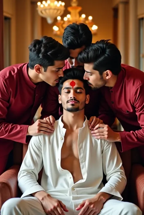 A young indian shirtless man in white pajama, red tilak on forehead, eyes closed is sitting on a sofa. Behind him three mascular young men in maroon kurta, are standing and kissing the cheeks by holding shoulder of the innocent man in white kurta In a lavi...