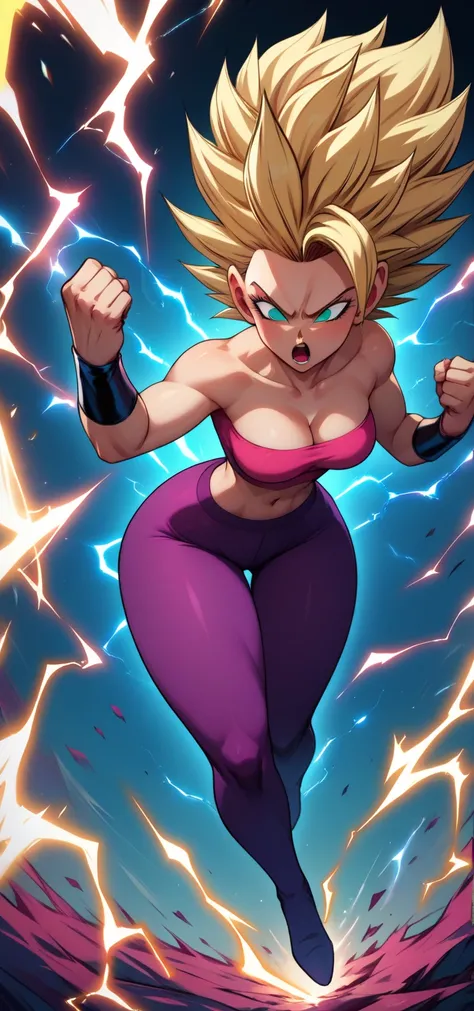 score_9, score_8_up, score_7_up, BREAK,   CauliflaSDXL, 1girl, solo, breasts, open mouth, blonde hair, navel, bare shoulders, medium breasts, midriff, pantyhose tights, aqua eyes, crop top, strapless, spiked hair, clenched hands, bandeau, electricity, tube...