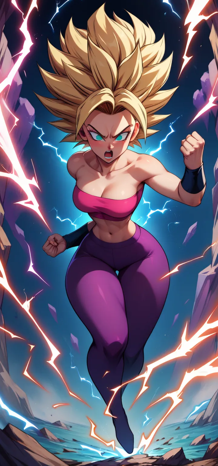 score_9, score_8_up, score_7_up, BREAK,   CauliflaSDXL, 1girl, solo, breasts, open mouth, blonde hair, navel, bare shoulders, medium breasts, midriff, pantyhose tights, aqua eyes, crop top, strapless, spiked hair, clenched hands, bandeau, electricity, tube...