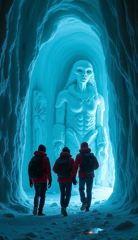 "The three explorers wearing red jackets and black backpacks enter the alien structure through the destroyed door. The interior is vast, with roofs very tall and walls covered by bright blue ice that reflects the light of their flashlights. The air is icy ...