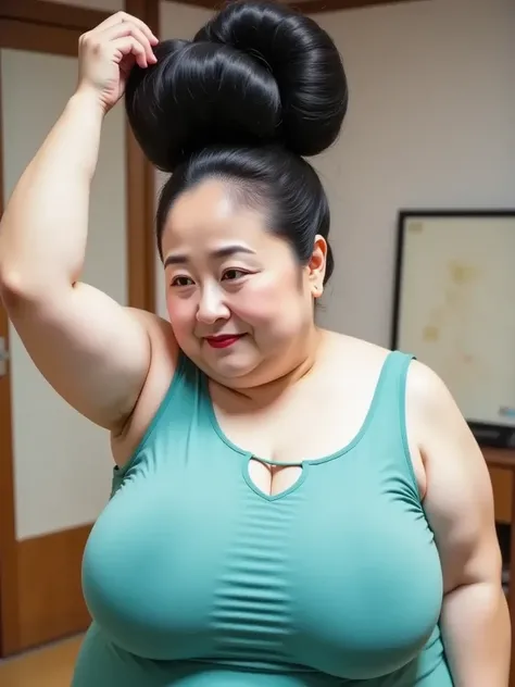 8k,Highest quality, masterpiece, Ultra-high resolution,(masterpiece:1.6, Highest quality), Intricate details, cinematic righting, 1 female,Middle-aged woman in her 50s, japanese, upper body, Arm up, from side, top of head, ((A gigantic hair bun, A huge hai...