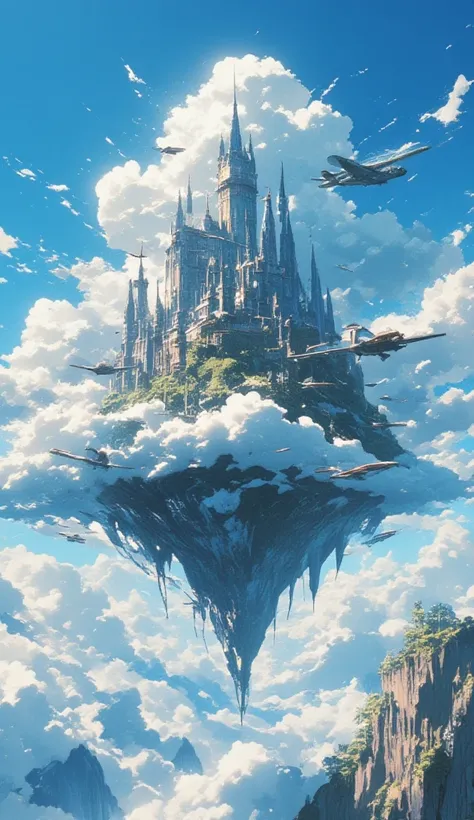 A single massive fluffy cloud with a castle on top. A castle sits on top of a massive fluffy cloud. The cloud is so big that it can act as a base of the castle. The cloud floats by itself, with no other cloud can be seen around it. Around the floating cast...