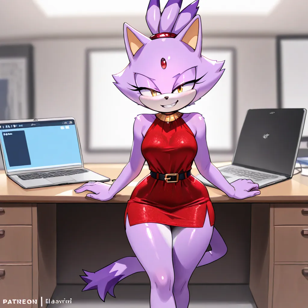 a furry cartoon girl posing in a short red dress and high heels, 1girl, smile, furry female, solo, breasts, dress, indoors, furry, animal ears, happy, red dress, computer, desk, tail, bare shoulders, grin, wide hips, half-closed eyes, sleeveless, belt, loo...