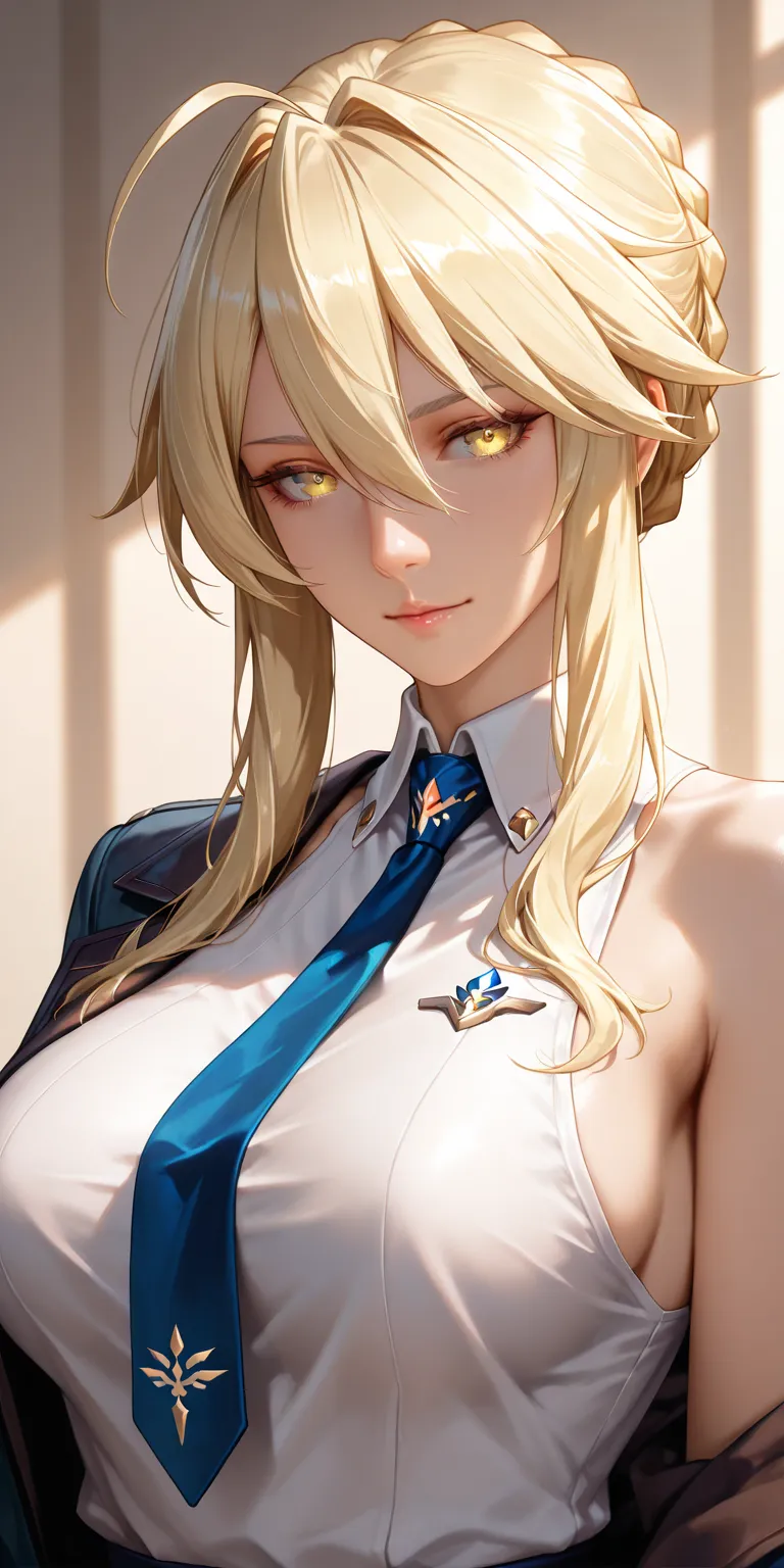 Masterpiece, very aesthetic, vibrant, high contrast, mature woman, artoria pendragon (lancer) (fate), upper body, sleeveless collared shirt, tie, side boobs, jacket, best quality, soft light, semrealistic, honkai: star rail cg style