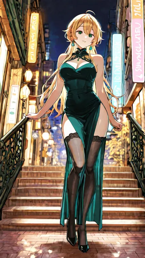 Walking down the brightly lit street, a sexy long-legged beauty is wearing a tight-fitting dress that accentuates her perfect curves, with black stockings on her legs and high heels.