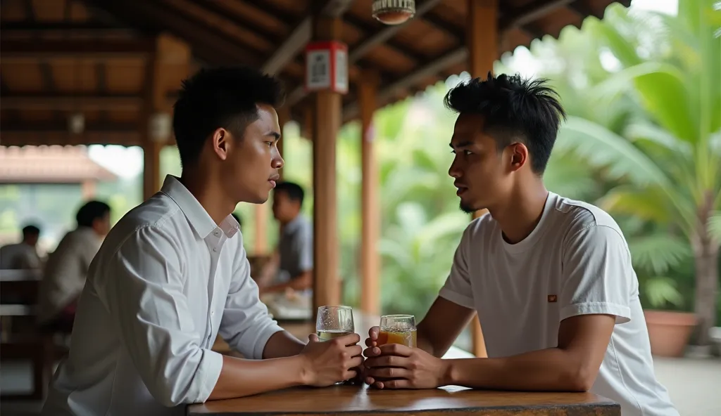 Create a powerful and emotional image of a young Thai man gently stopping his friend from drinking alcohol or engaging in harmful behavior. The young man’s expression shows genuine concern and care, while his friend appears conflicted or hesitant. The scen...