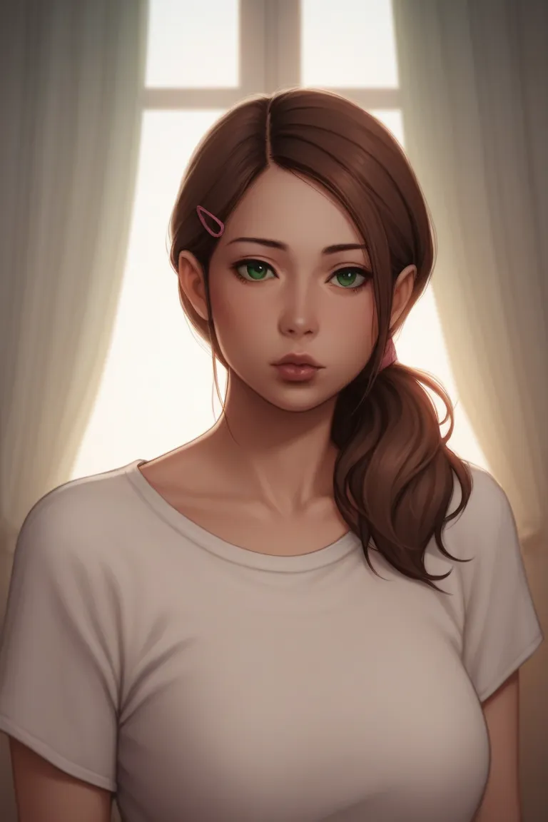 1 girl , style by Terasu MC BREAK bedroom, Mori_kaede_\(Terasu_MC\),big boobs,  brown hair, long hair, hair clip, ponytail, green eyes,lips,