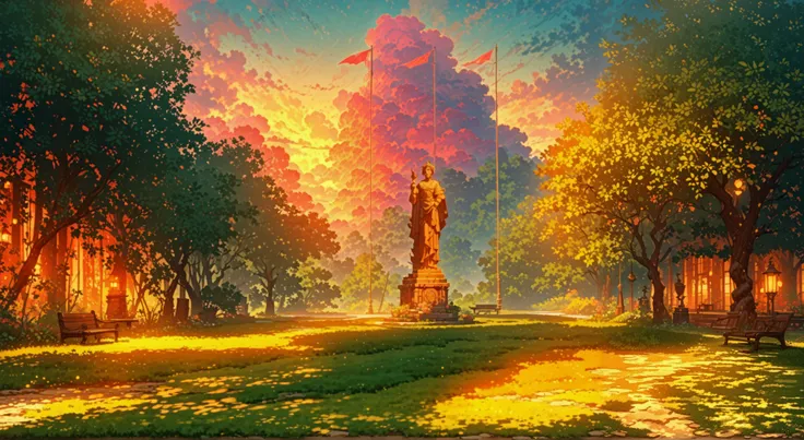 A stunning park in a beautiful anime-style, inspired by Studio Ghibli’s dreamy and vibrant aesthetics. At the heart of the park stands a majestic bronze statue of a historical figure on an aged stone pedestal, flanked by two towering flagpoles—one waving a...