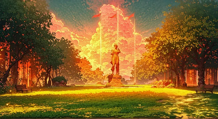 A stunning park in a beautiful anime-style, inspired by Studio Ghibli’s dreamy and vibrant aesthetics. At the heart of the park stands a majestic bronze statue of a historical figure on an aged stone pedestal, flanked by two towering flagpoles—one waving a...