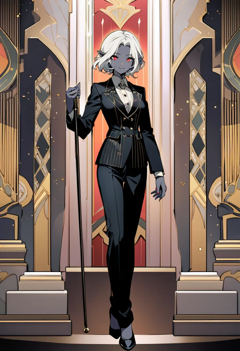 solo, female, dark elf, gray skin, red eyes, white hair, short hair, lush hair, smile, classic black suit with gold buttons, black trousers, black shoes, full body, art deco style hall, holds a cane, perfect fingers, perfect hands