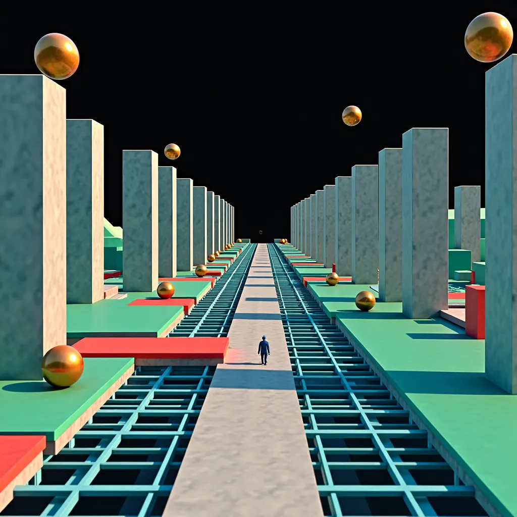 A surreal, retro 3D-rendered game environment featuring a futuristic, grid-based landscape with a wireframe floor extending into the distance. The perspective is isometric, with a slightly tilted view, giving depth to the geometric terrain. The environment...