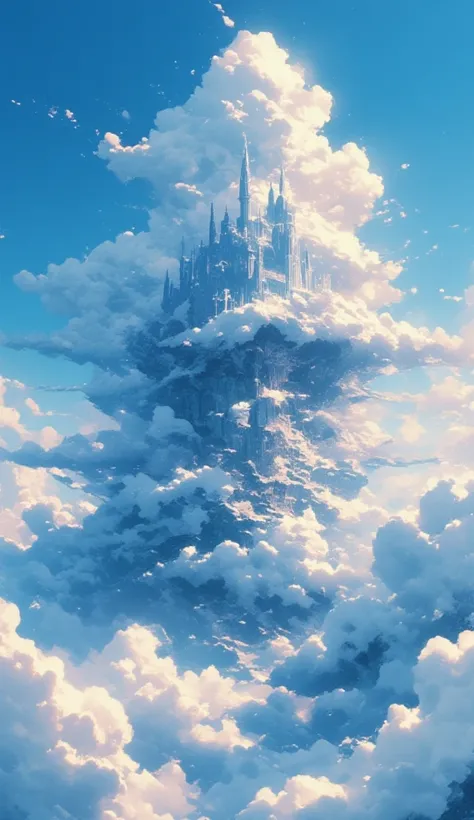 A single massive fluffy cloud with a castle on top. A castle sits on top of a massive fluffy cloud. The cloud is so big that it can act as a base of the castle. The cloud floats by itself, with no other cloud can be seen around it. The backdrop is a clear ...