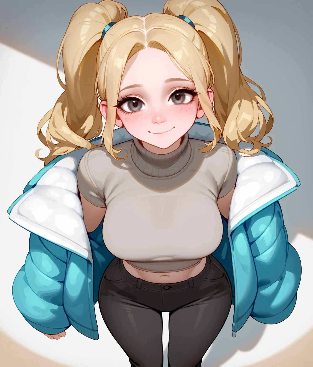 score_9,score_8_above,score_7_above,score_6_above,score_5_above,score_4_above,1 ,     beautiful,   shy smile,   blonde hair , in ponytails,  pale skin, highly detailed face , cute nose, seductive, freckles, gray turtleneck  ,   black pants  , bust,  wide h...