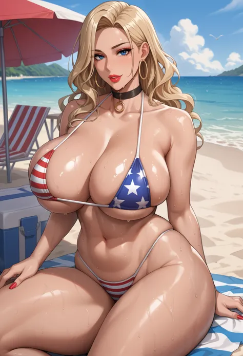 Score_9, Score_8_up, Score_7_up, Score_6_up, Score_5_up, Score_4_up, Source_anime, Tag1, Tag2, Quality_masterpiece, (mature female), milf, motherly, (dark skin), (tanned), light blonde hair, long wavy hair, blue eyes, red lips, makeup, thick lips, parted l...