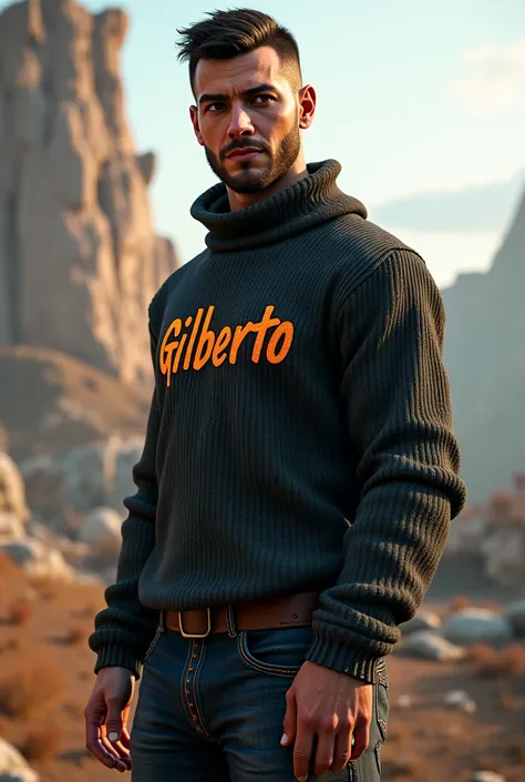 I want you to create for me a character from Free Fire with a turtleneck that says Gilberto