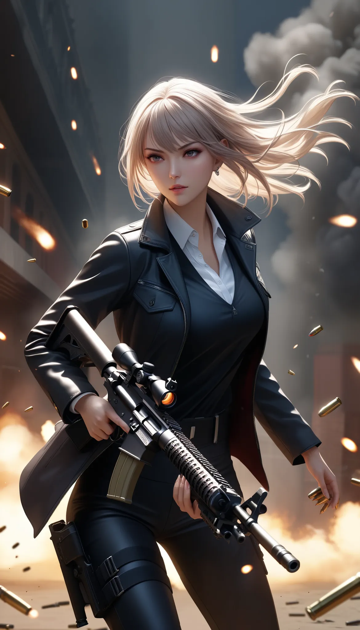 ( masterpiece, TOP QUALITY:1.2), 1 girl,  alone, \ character " atlus"\, combat motion with guns, light manners to dodge bullets, Look at enemies and fight back, realistic bullets fired from high-performance rifles, cinematic smoke stages, nice& beautiful c...