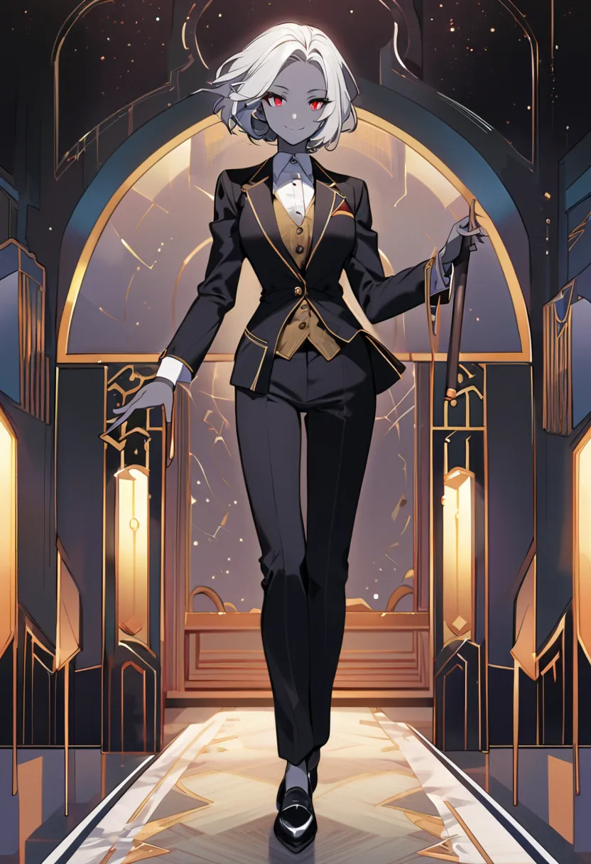 solo, female, dark elf, gray skin, red eyes, white hair, short hair, lush hair, smile, classic black suit with gold buttons, black trousers, black shoes, full body, art deco style hall, holds a cane, perfect fingers, perfect hands