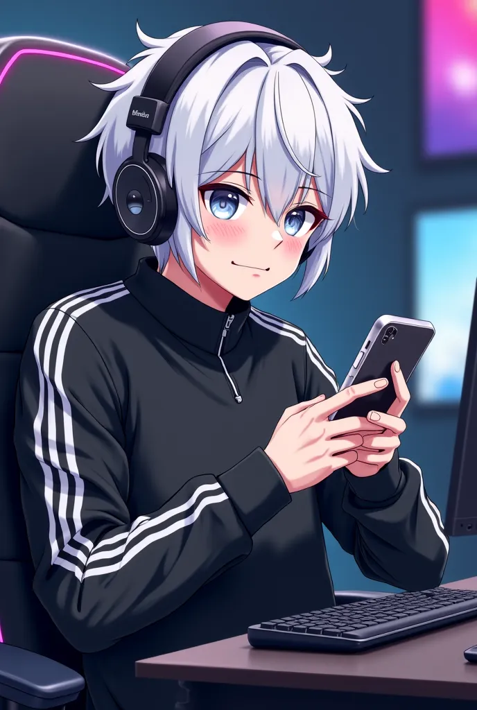 Create an anime-style character with white hair, silver eyes, black sweater with white stripes and at the top left, say angel down angel, say titan, white monkey with a phone in his hands, Apple, some headphones put on his ears, gamer sitting in a gamer ch...