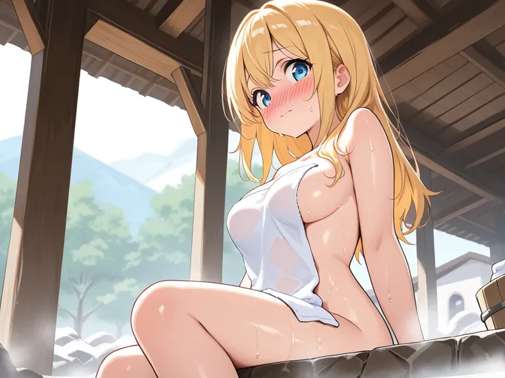 (curvy, medium breasts),((sweaty)), ((1girl, priestess)), public bath house with other women, sitting in hotspring up to breasts, blonde hair,beautiful detailed eyes, blue eyes,(cute eyes), towel wrap, (from front), Best Quality, Super detailed, masterpiec...