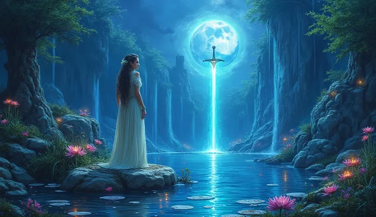 an illustration of a mystical lake inspired by The Mists of Avalon, featuring the Lady of the Lake, radiant and imposing, standing among rune-inscribed stones glowing with magic as Excalibur emerges from the water; the scene is bathed in ethereal moonlight...