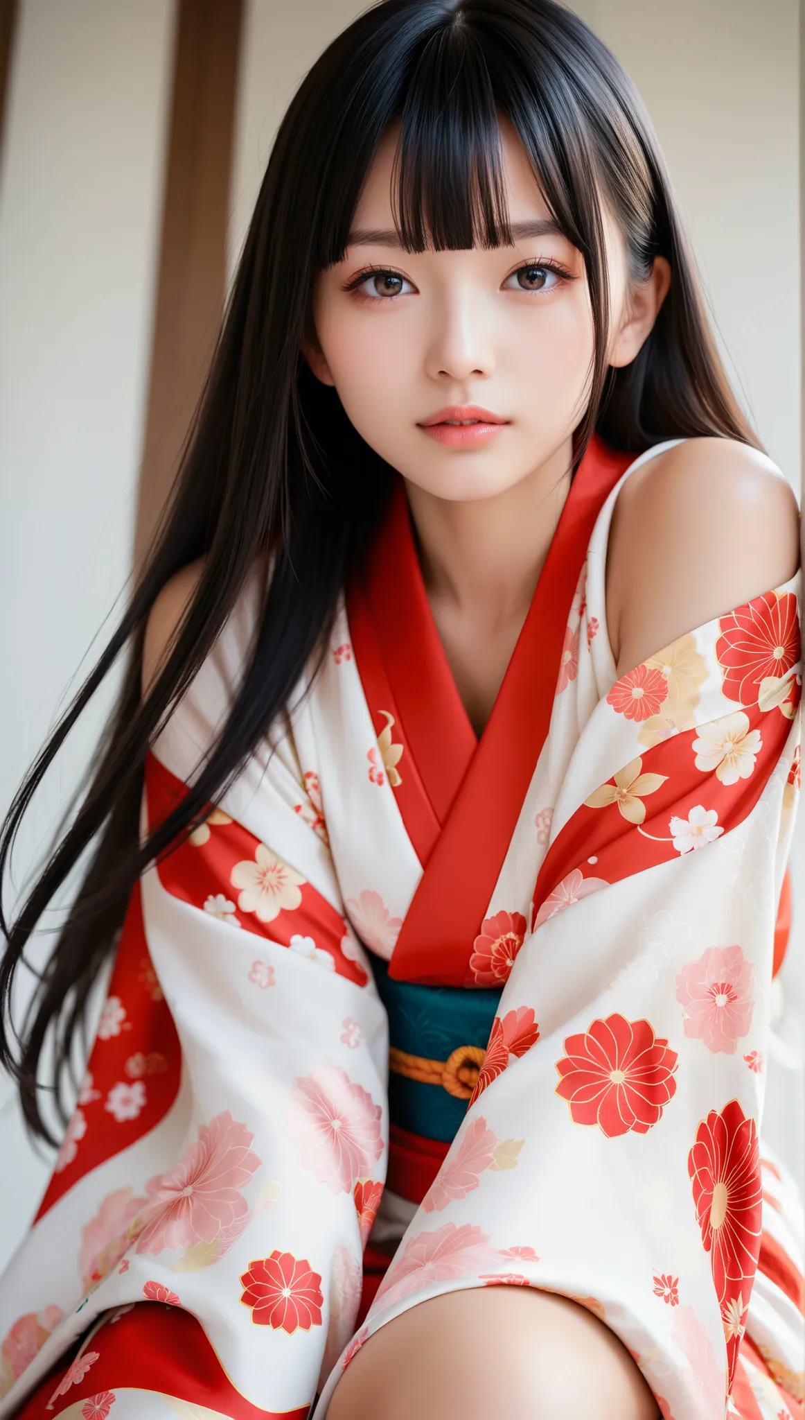 score_9, score_8_up, score_7_up, masterpiece, 8k, hd, 1girl, 20 years old, beautiful girl, black hair, long hair, blunt bang, straight hair, looking at viewer, above knee, from below, detailed face, beautiful woman's face, **traditional kimono**