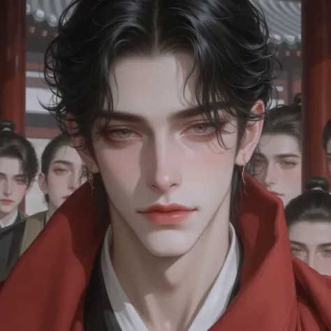 Korean, Asian man, 25 years old,  King of Joseon Dynasty ,  black head, Strangled hair,  short hair,  black eyes, red hanbok, I'm looking at the audience with round eyes , Close , hanok palace background