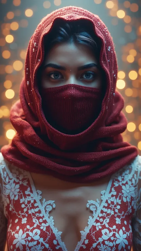 stunningly beautiful woman, blue eyes, crimson ribbed knit balaclava mask under a sparkling lace hooded dress,  realistic, photorealistic, photo-realistic:1.37, (best quality,4k,8k,highres,masterpiece:1.2),ultra-detailed,(realistic,photorealistic,photo-rea...