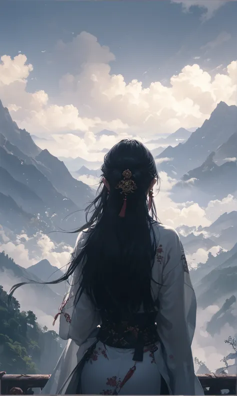  middle-aged woman,  beautiful face, Shiny leather, full length back view, Long black hair, fluffy ajar clothes, black dark blue,  stands on top of a mountain , ancient Chinese style, traditional Chinese clothing, clouds