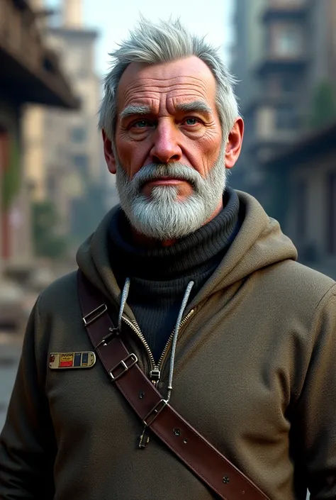 I want you to create for me a character from Free Fire with a turtleneck, an old man's beard and white hair that says Gilberto below