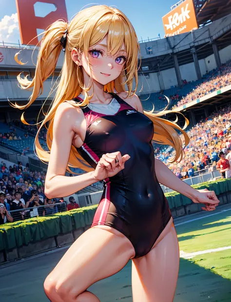 masterpiece, TOP QUALITY, Ultra High Definition,  beautiful images of Ryoma, high detailed, perfect human body, correct anatomy, 8k, UltraHD, Photorealistic,  Movie Lighting, (blue sky), (outdoor stadium ),  1 beautiful girl,  track and field athlete, Bend...