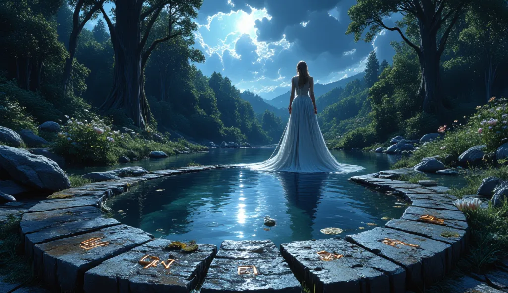 a watercolor painting of a legendary lake where the Lady of the Lake stands gracefully, runes on ancient stones glowing as Excalibur rises from the depths; the moonlight casts a soft glow, illuminating delicate lilies and rich greenery, blending fantasy an...