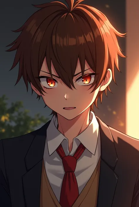 Brown-haired white boy boy anime-style evil face