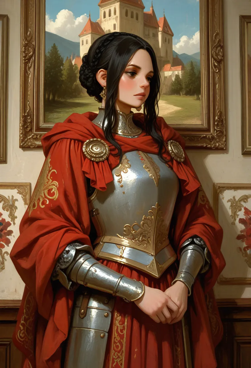 Beautiful tall woman in armor with super realistic and well-detailed black hair,oil style,Renaissance painting,Queen of Spain ,Frame of a painting, picture on the wall 