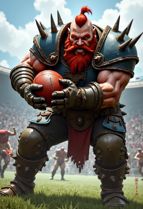 : Draw a male dwarf football player, known as Thorgar "Ironfist" Stonehelm, in a dynamic and action-packed pose on the football pitch, tackling an orc player from the opposing team. Thorgar stands at an impressive 4'10" with a stocky, muscular physique. He...